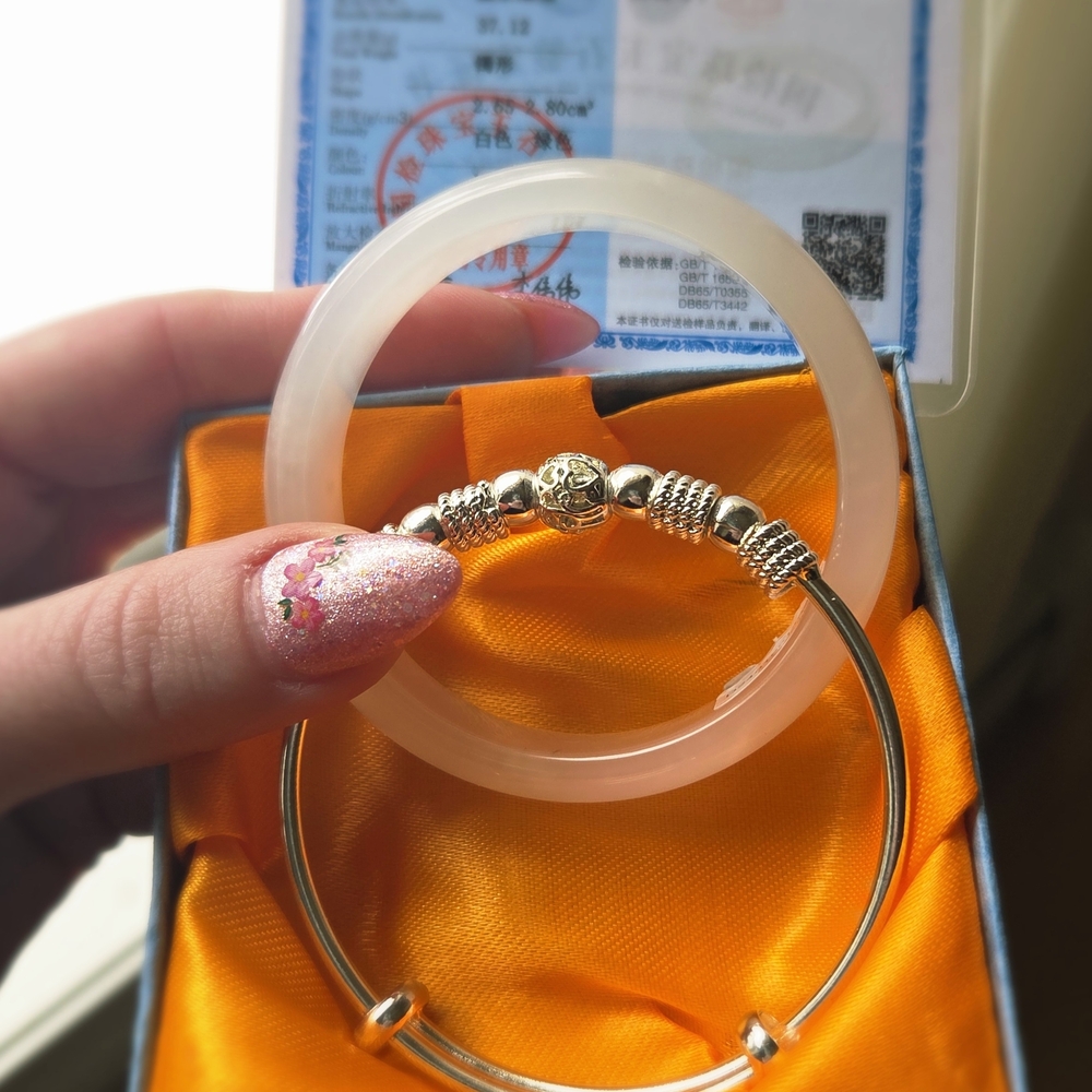Milky White Dulong Jade Bangle & Sterling Silver Bangle